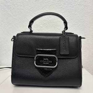 Coach Black Leather Top-Handle Satchel with Signature Plaque